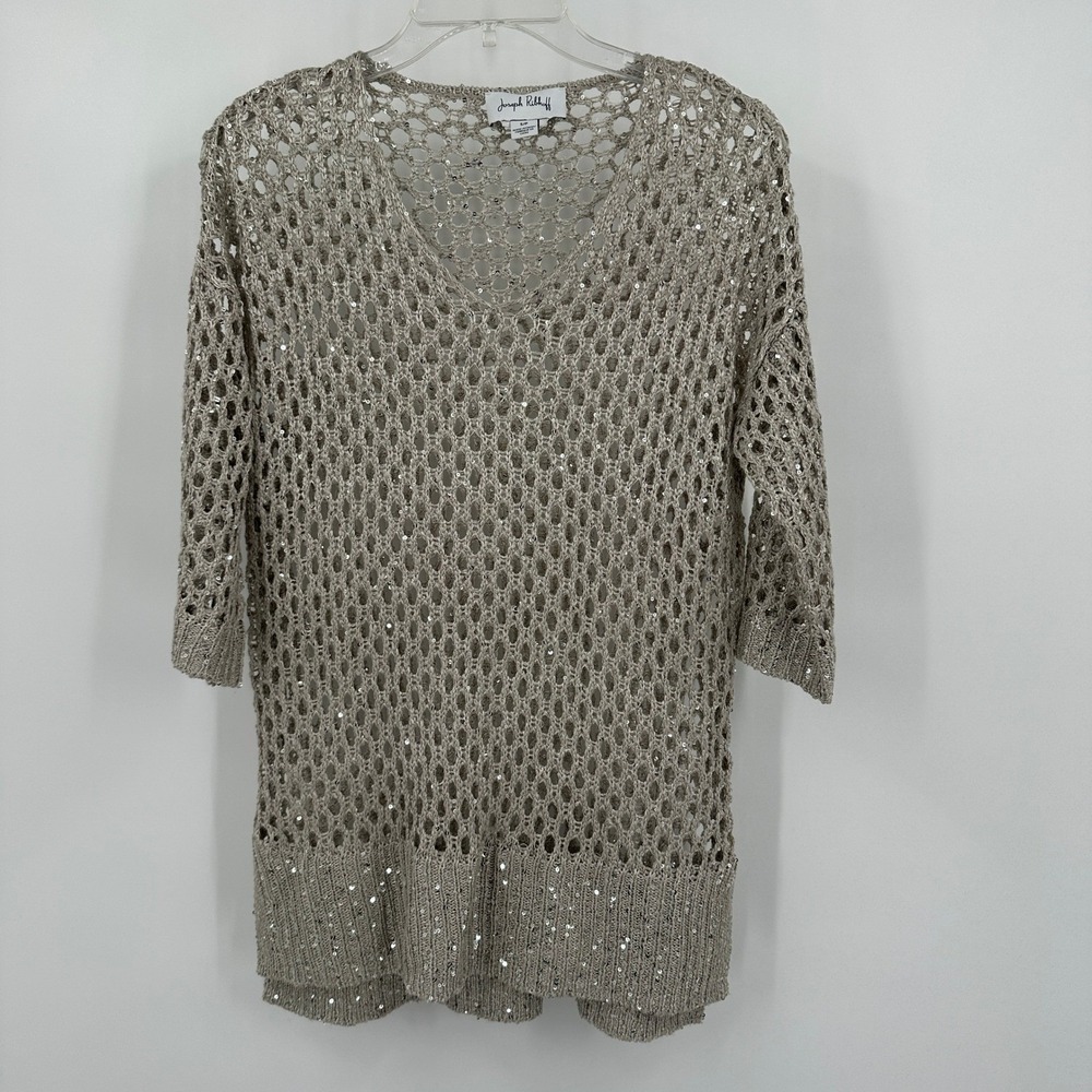Joseph Ribkoff Womens Boho‎ Crochet Metallic Sequin Open Knit Tunic Top Size S